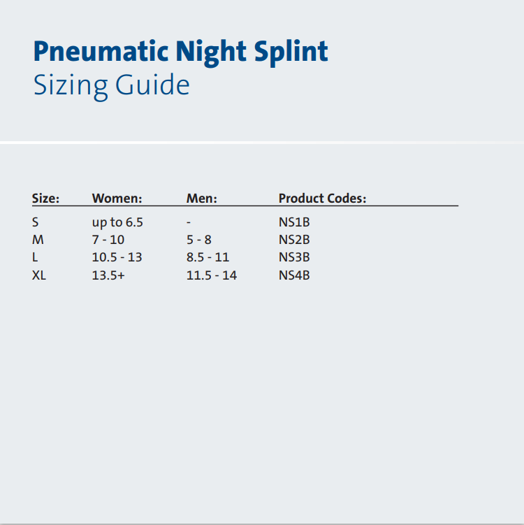 
                  
                    Pneumatic Night Splint sizing
                  
                
